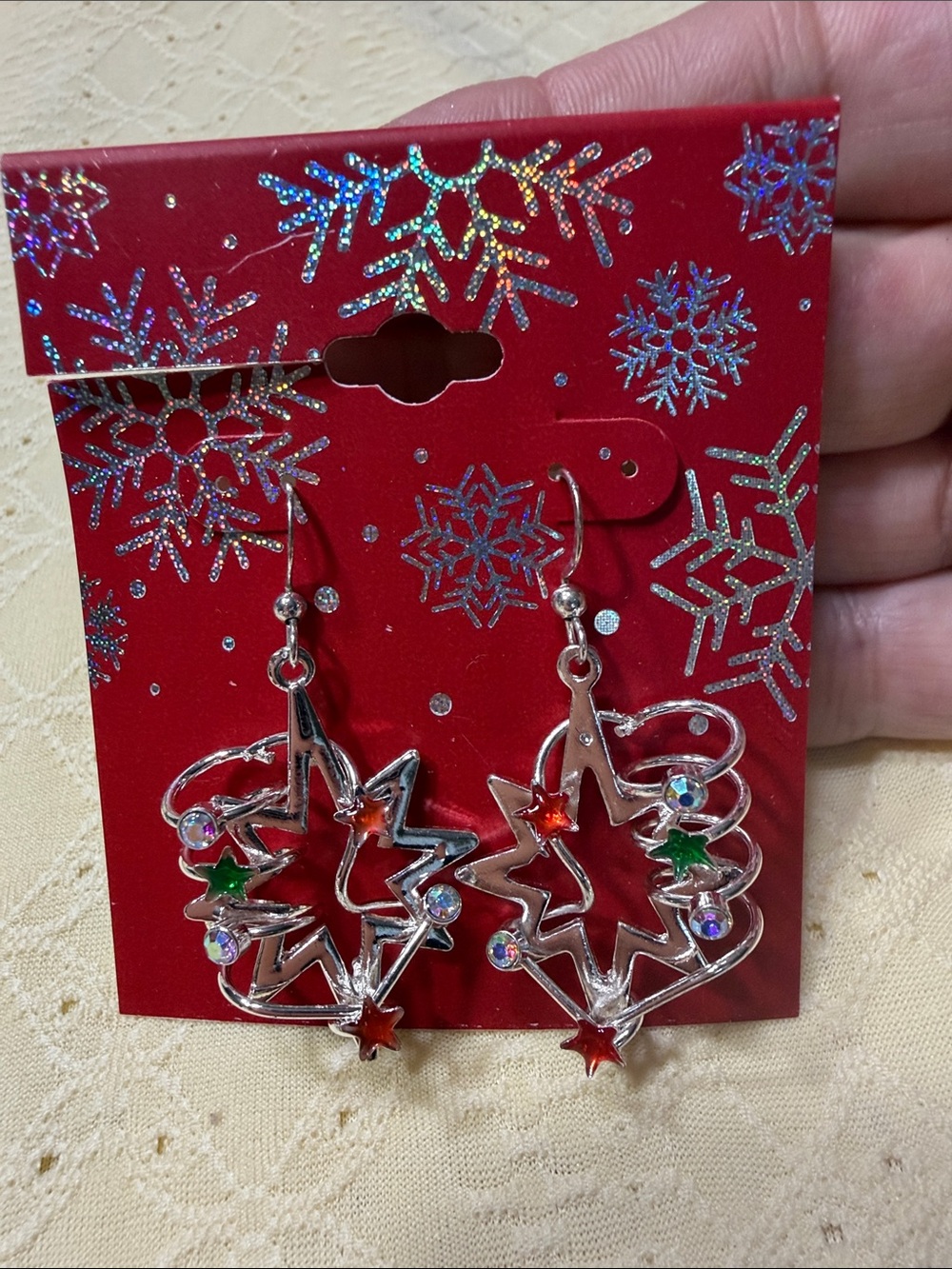 3D Christmas Starburst Earrings Holiday Dangle with Rhinestones